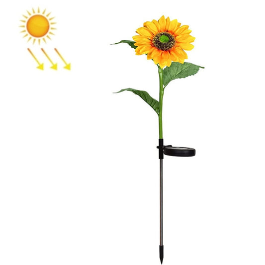 Solar sunflower garden stake light with single yellow bloom and black solar base.