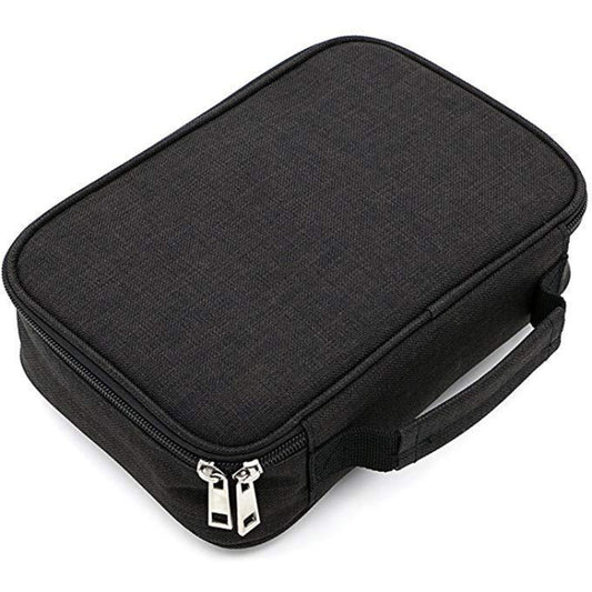 Black padded pencil case with zipper closure and side strap tabs.