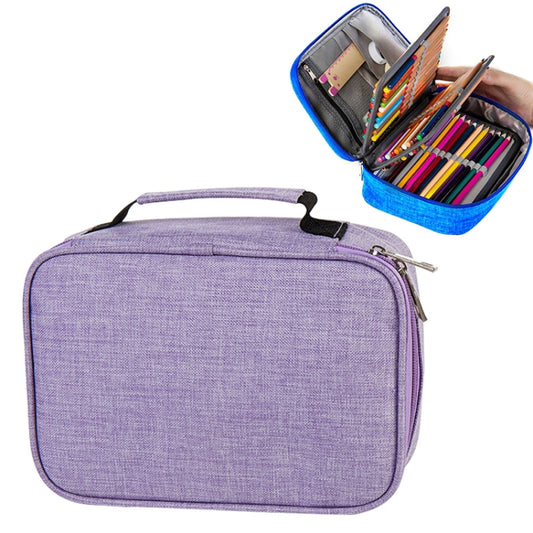 Purple padded pencil case with top handle and zipper closure, front view.