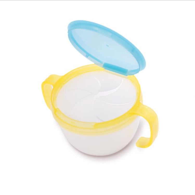 Anti-spill 360° rotating baby snack bowl with lid, yellow base and blue cover
