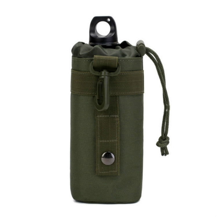 Outdoor sports waist bottle bag, dark green fabric with front snap pocket and cord handle