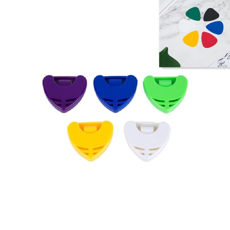 Set of guitar pick storage boxes in purple, blue, green, yellow, and white, heart-shaped open lids.