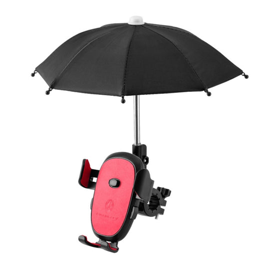 Bicycle umbrella phone mount with red waterproof bracket and handlebar clamp