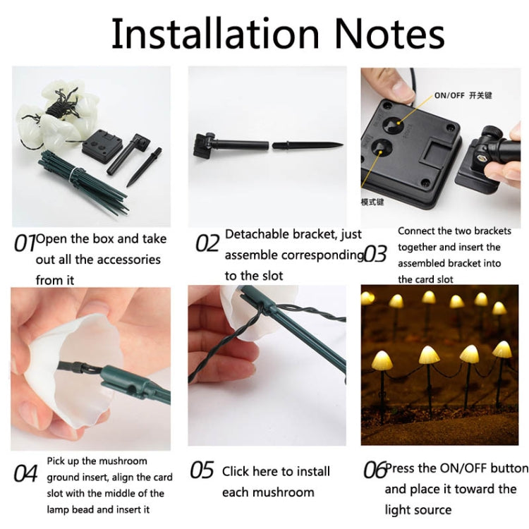 Solar mushroom lawn light kit with solar panel, brackets, and installation instructions