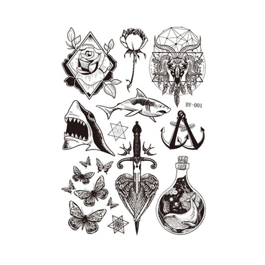 Tattoo sticker sheet with luminous dark animal and flower designs (BY-001)