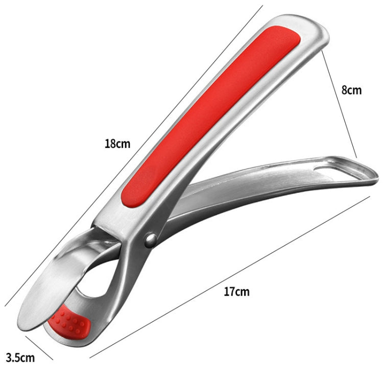 Stainless steel dish holder with red non-slip rubber grip; size measurements shown.