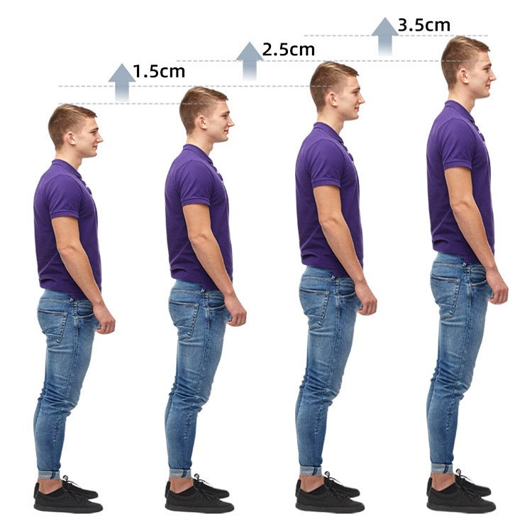 Height comparison showing 1.5 cm, 2.5 cm, and 3.5 cm shoe heightening inserts.