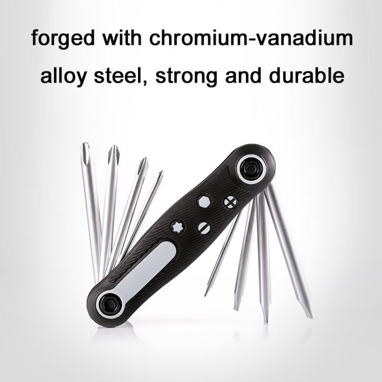 Portable folding bicycle multi-tool wrench set with black handle and silver tool tips