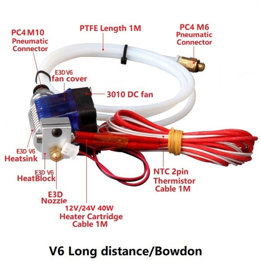 3D printer hotend kit with blue cooling fan, red wiring, PTFE tube, heater cartridge leads