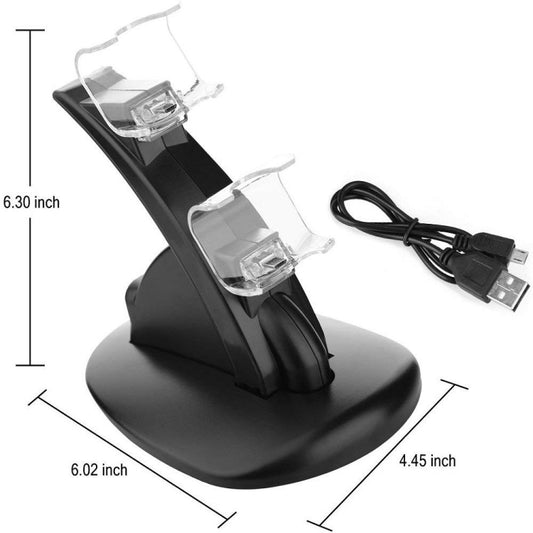 Compact dual USB controller charging dock with LED bays and USB charging cable
