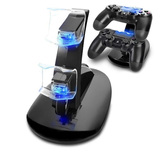 Dual USB PS4 controller charging dock with LED lights, holds two controllers