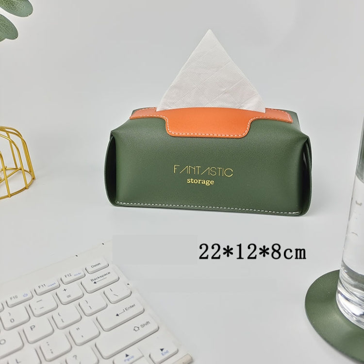 Green PU tissue box with orange stitched flap and top tissue opening
