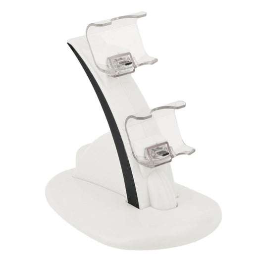 Dual micro-USB controller charger stand, transparent port covers on white cradle