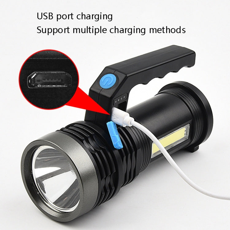 Rechargeable flashlight with USB charging port, black body and blue power switch