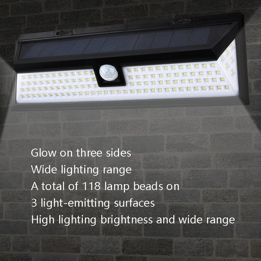 Solar 3-Sides Floodlit Motion Sensing Wall Light Outdoor Garden Corridor Street Light, 118 LED