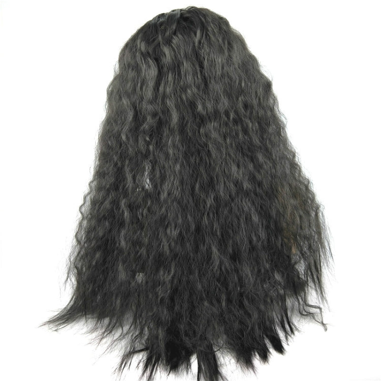 Long black curly synthetic wig with middle part, full back view with flowing curls