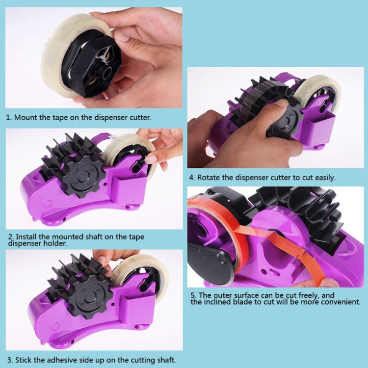 Purple automatic tape dispenser cutter showing mounted tape on cutting shaft