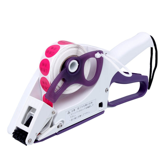 Handheld label labelling machine with purple handle, white body, and label roll