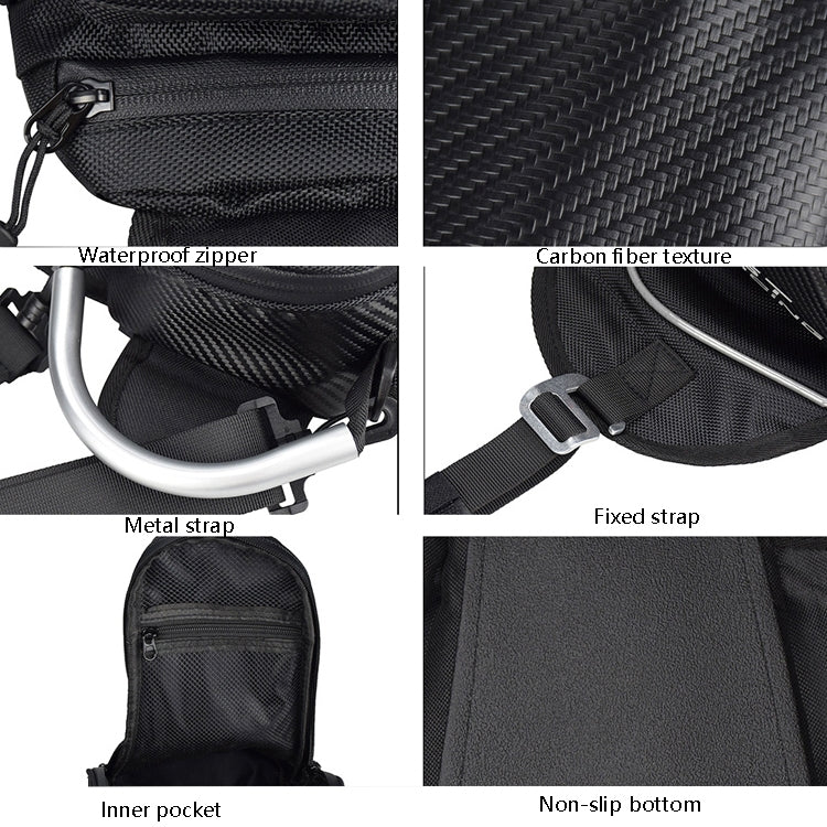 Black motorcycle tank bag details: waterproof zipper, metal strap, non-slip bottom, fixed strap