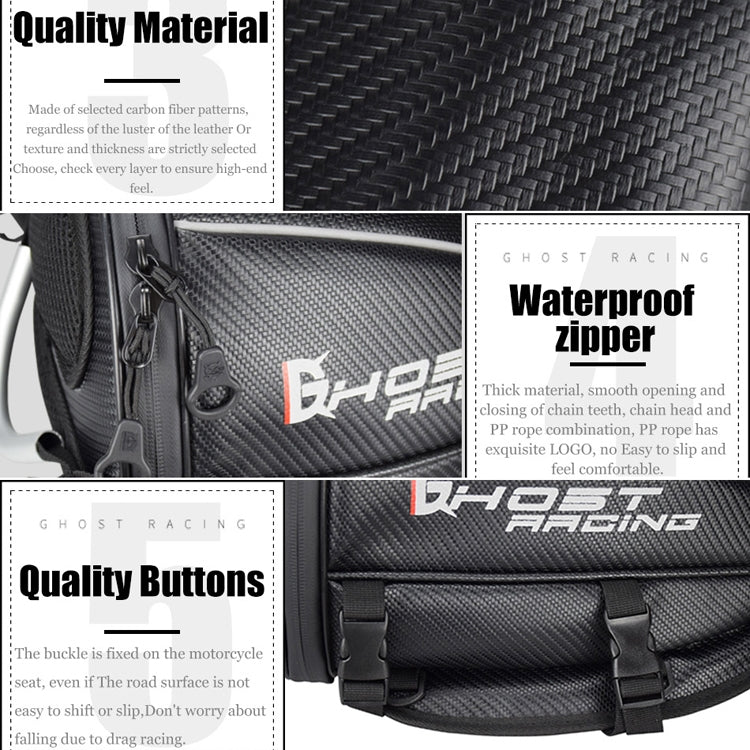 Carbon-fiber motorcycle bag with waterproof zipper and secure buckle tabs