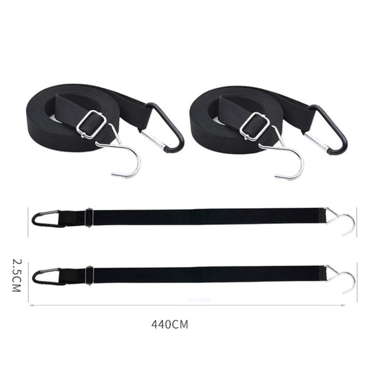 Adjustable black fixing straps, 440 cm long pair, with metal hooks and buckles