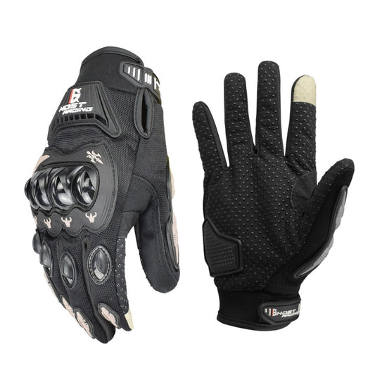 Motorcycle riding gloves, full-finger black with light beige thumb panel and protective knuckle armor