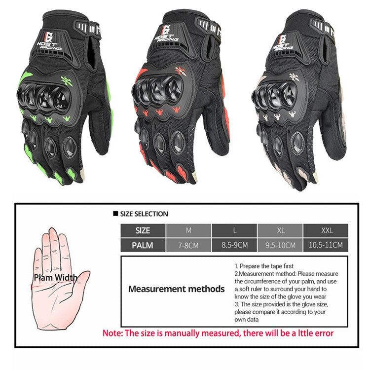 Black motorcycle riding gloves with green accents shown with size selection chart