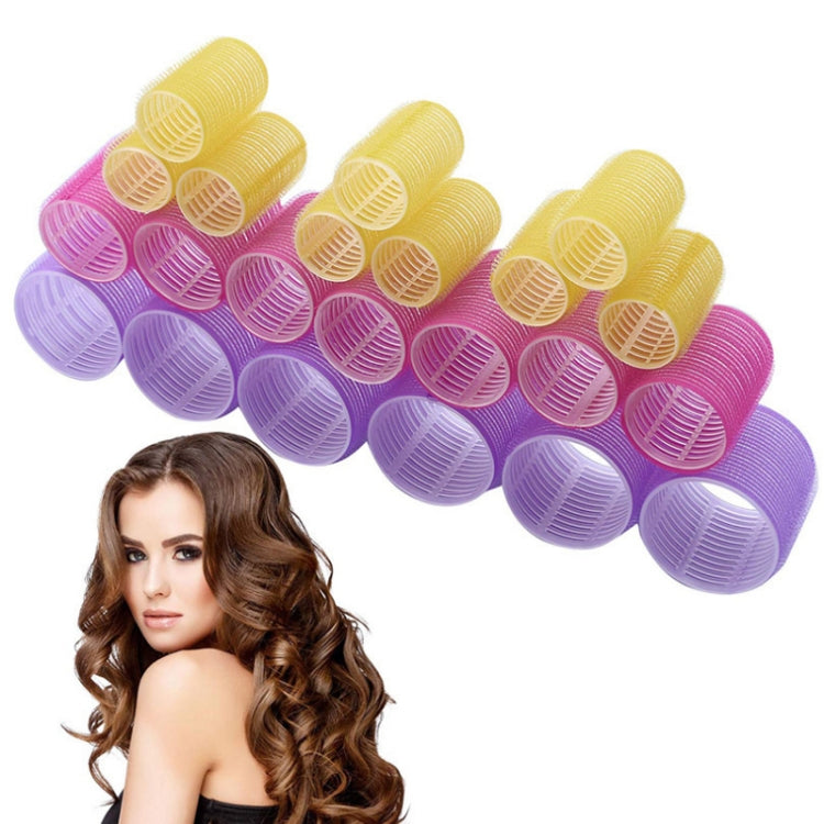 Self-adhesive hair curling rollers set with yellow, purple, and pink cores