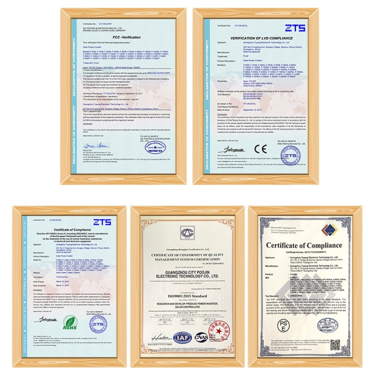 Pack of framed compliance certificates for power inverter documentation