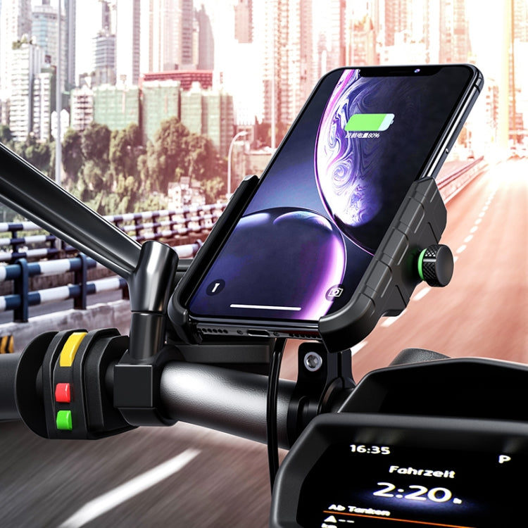 Motorcycle wireless charging phone bracket holding a smartphone with charging on display