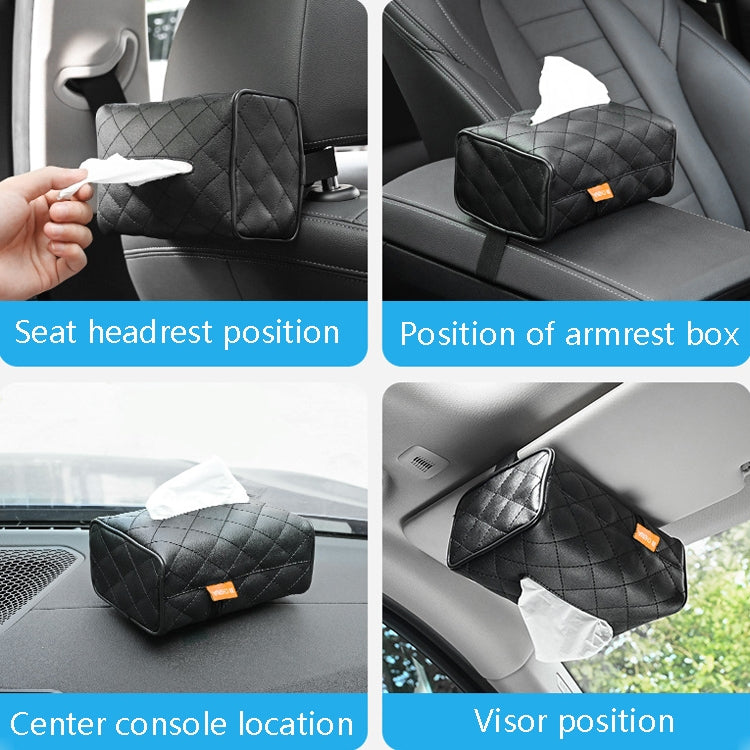 Black quilted car tissue box holder shown mounted for headrest, console, and visor