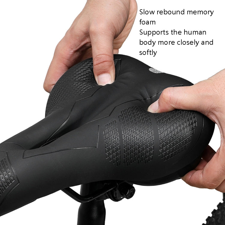 Black memory foam bike saddle with textured grip surface and mounting hardware