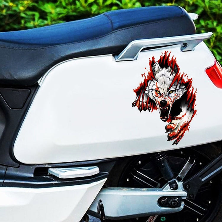 Wolf head 3D car body sticker on side of vehicle panel, red flames and white wolf fur