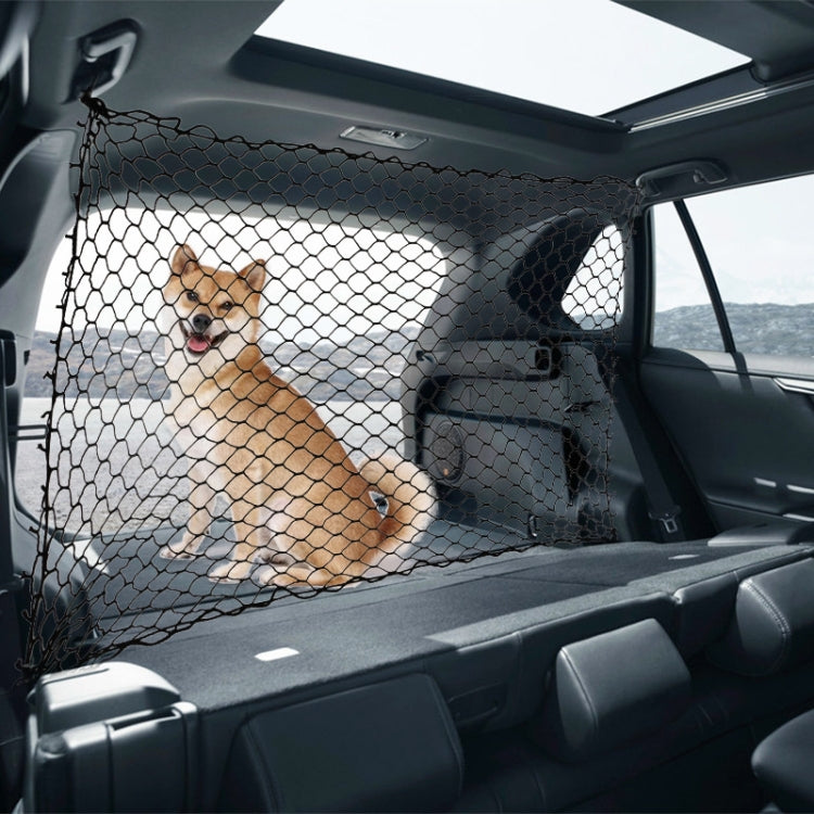 Car pet barrier net section with dog inside rear seat area, black mesh