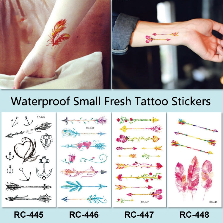 Multiple small temporary tattoo sticker designs on sheets, including feathers and arrows