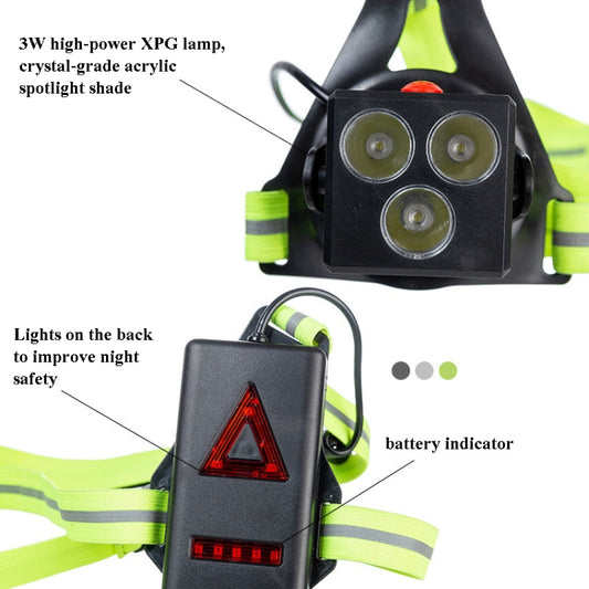 LED headlamp with three round lenses and red triangle rear light; neon green safety straps
