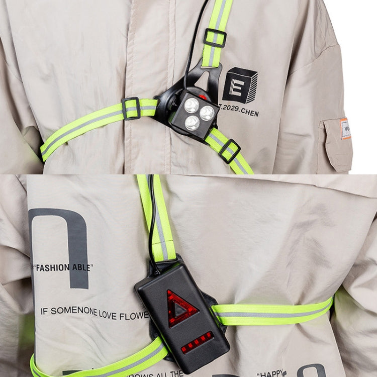 LED chest warning light worn on jacket front with neon green straps and red triangle glow