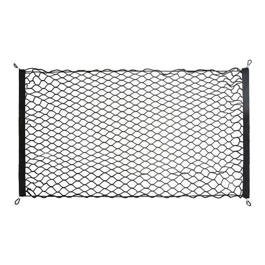 Car trunk storage net kit with black mesh and tie loops, rectangular fixed style