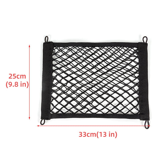Black rectangular car stretch storage net bag, approx 33 x 25 cm with corner hooks