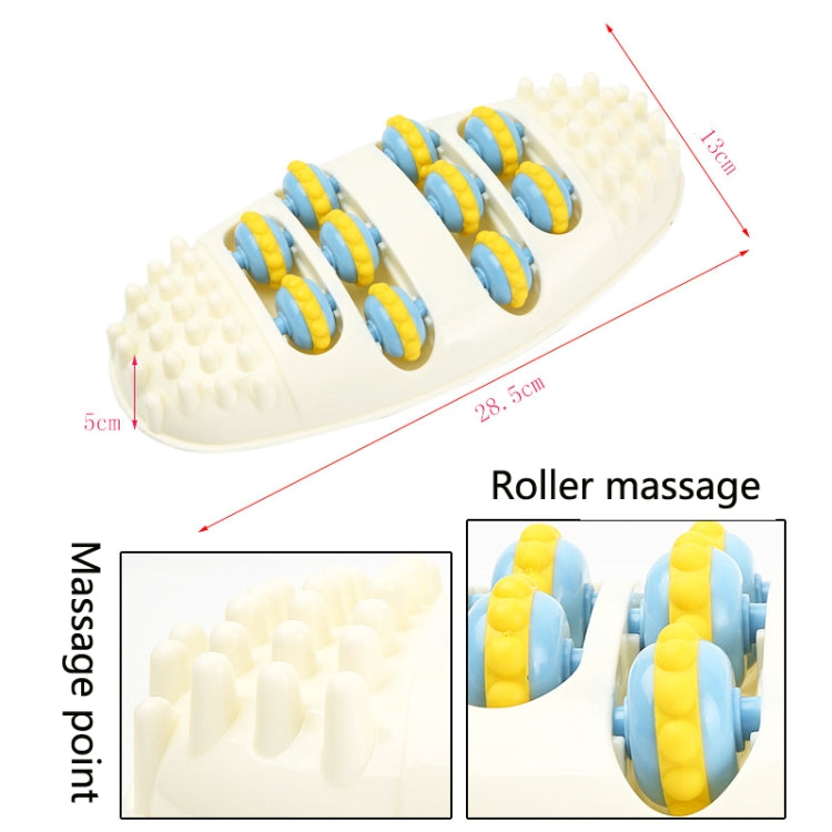 Foot roller massage pad with raised nodes and blue-and-yellow rollers, size labeled 28.5cm