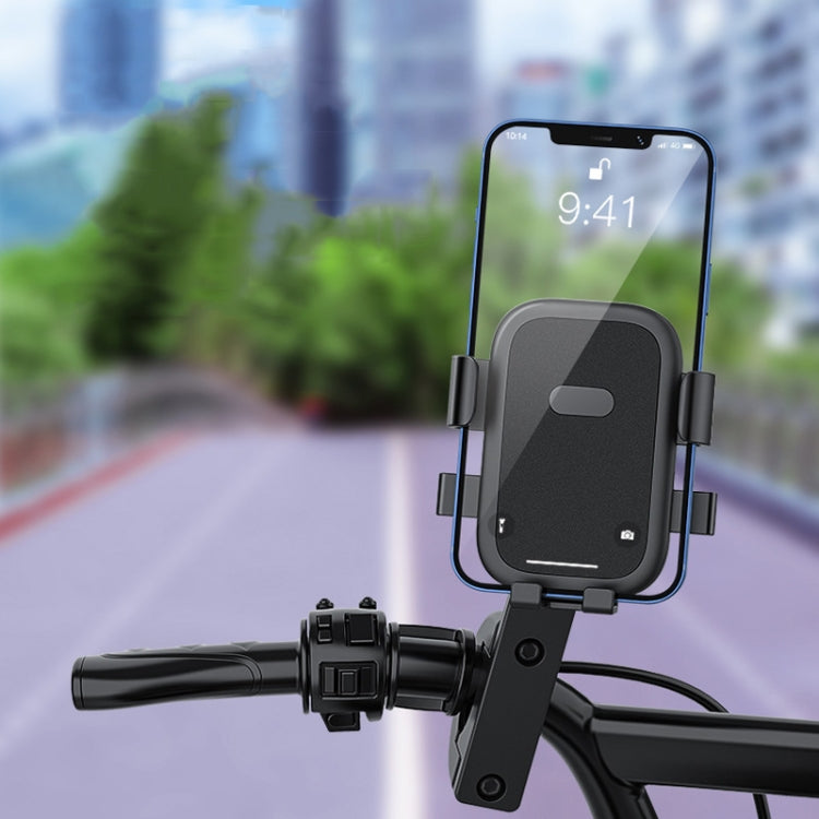 Black phone holder mounted on handlebar with U-clamp arms and secure cradle