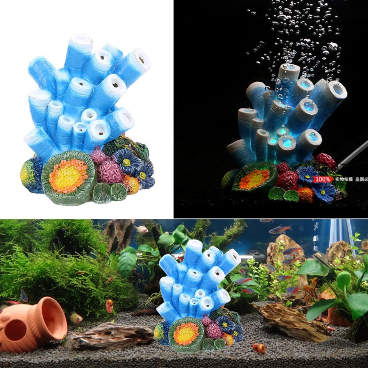 Decorative artificial coral air stone ornament shown in aquarium with blue coral tubes