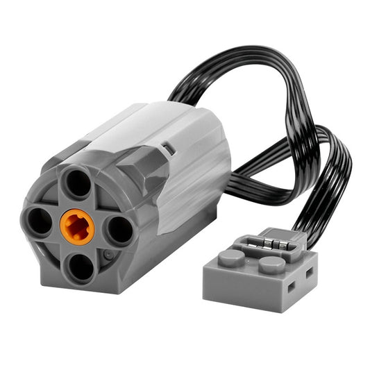 Gray mechanical building block power module with black wire and orange connector sockets
