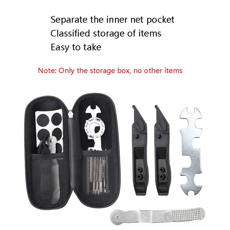 Black bicycle tool bottle bag open showing inner net pocket and molded tool slots