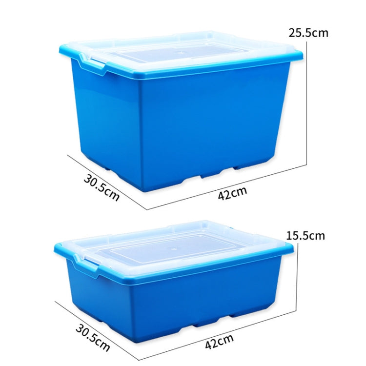 Blue plastic storage bin with clear lid and size measurements for stacking