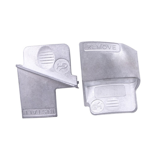 Car seat belt trim installation/removal tool set, two silver metal pieces with removal marking