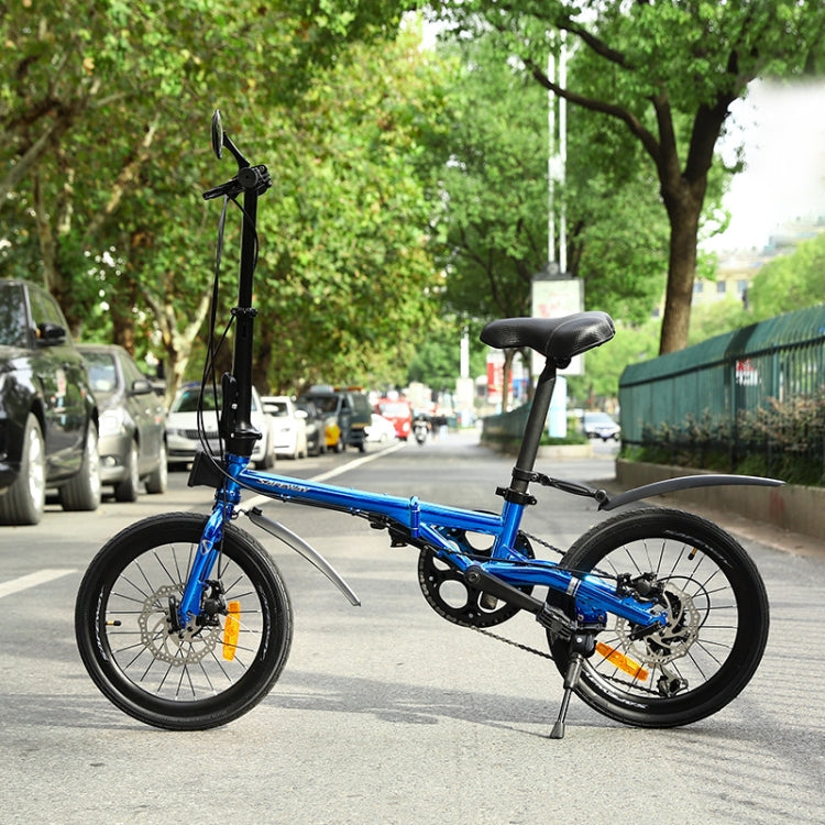 Reflective folding bicycle mudguards installed on a blue folding bike on the street.