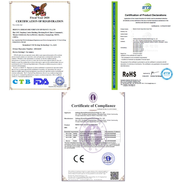Product certification documents with compliance stamps for smart ear pick set