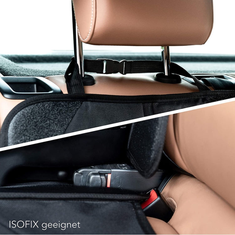 Black car seat protection pad attached with straps around a child booster seat