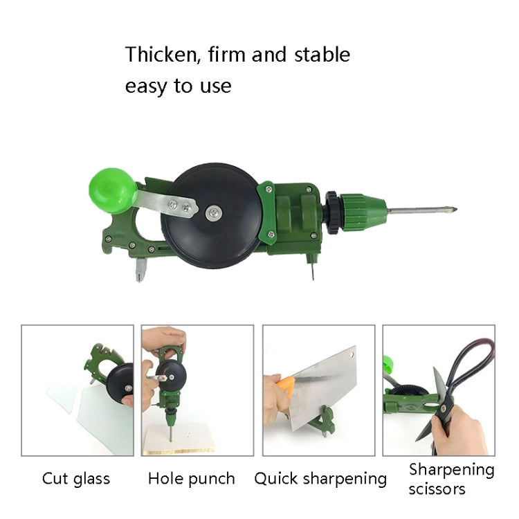 Green hand-held hole puncher and sharpener tool with black disc and stand base
